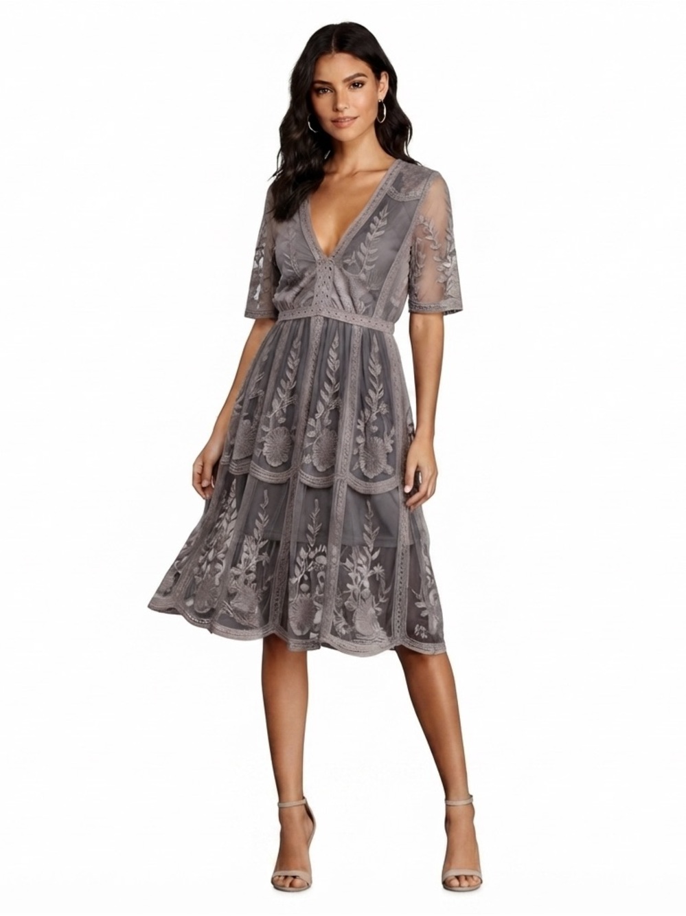 Bella Ella Grey Mesh Lace Dress Size Large